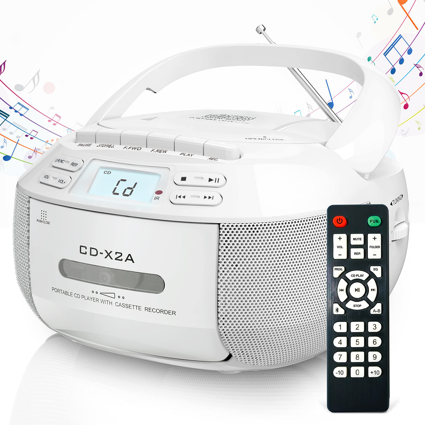 Jazmm CD Player Combo with Bluetooth, Boombox Cassette Portable CD Players, Support AM FM Radio/Remote Control/AUX/USB/Earphone, AC/Battery Operated, LCD Display for Home, Kids, Gift (White)