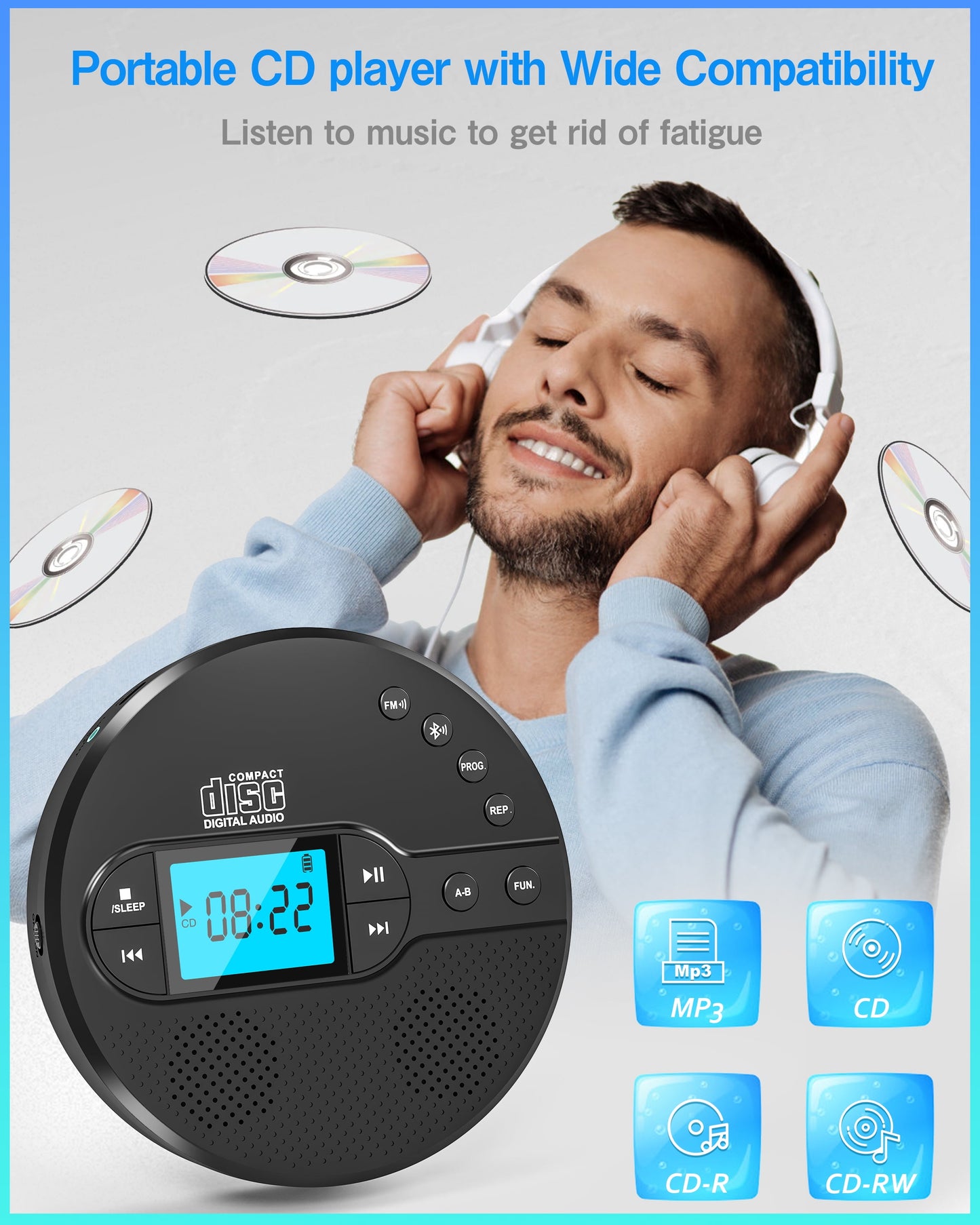 Jazmm Portable CD Player with Bluetooth 5.1, 2000mAh Rechargeable Anti-Shock Discman, MP3/CD-R/USB Playback, Backlit LCD, Sleep Timer, Includes Headphones & AUX Cable for Car, Home