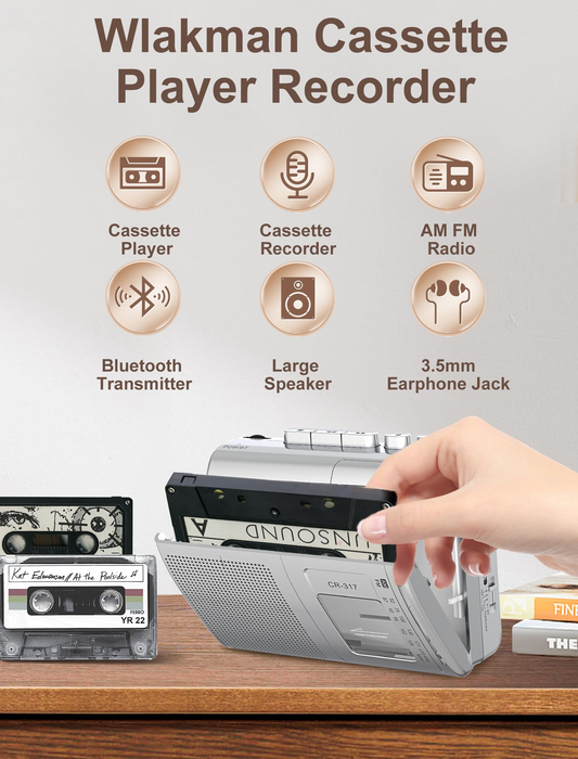 Cassette Player Recorder with Bluetooth Transmitter Walkman, Portable AM FM Cassette Player with Big Speaker, Stereo Earphone Jack, Support Microphone Recording, 2AA Battery or USB Power for Home