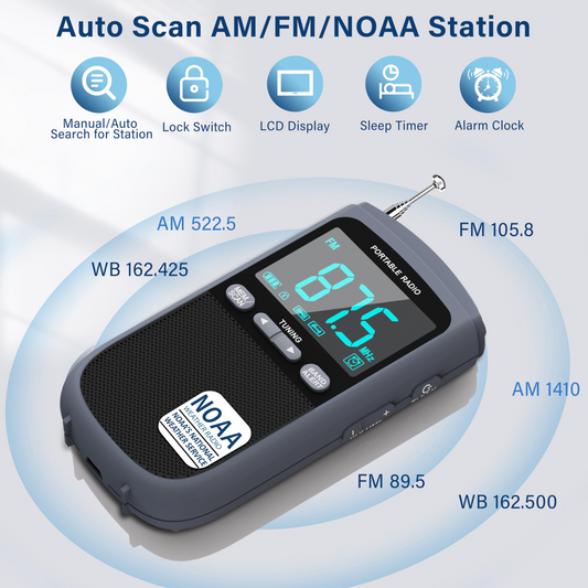 Jazmm AM/FM Rechargeable Portable Transistor Radio with NOAA Weather Alert, LCD Display, Earphone Jack, Digital Clock, for Emergency, Hurricane, Outdoor Activities