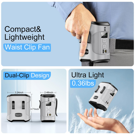 Jazmm Portable Waist Fan, Rechargeable Portable Wearable Fan with 3 Speeds Rechargeable Fan, LED Display, Flashlight & SOS Function, Up to 24H Battery Life for Outdoor Camping Travel
