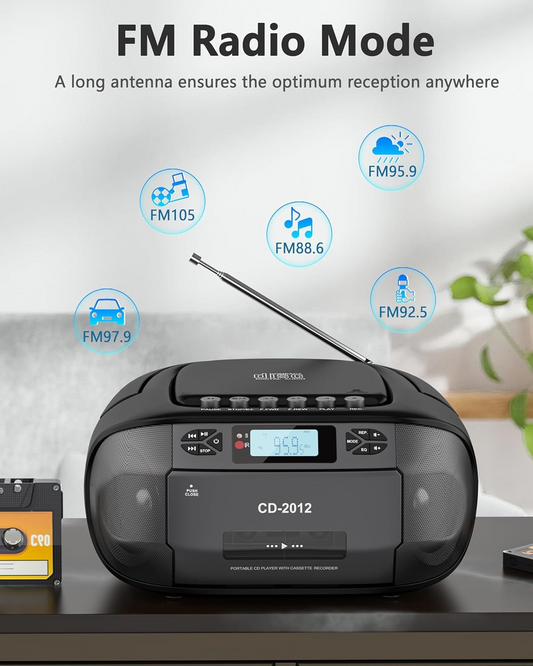 Jazmm Boombox Cassette CD Player Combo with Bluetooth5.3,FM Radio,Remote Control,Tape Recording,Dual Stereo Speakers,Built-in 4000mAh Rechargeable Battery,3.5mm Earphone Jack/AUX/USB for Home
