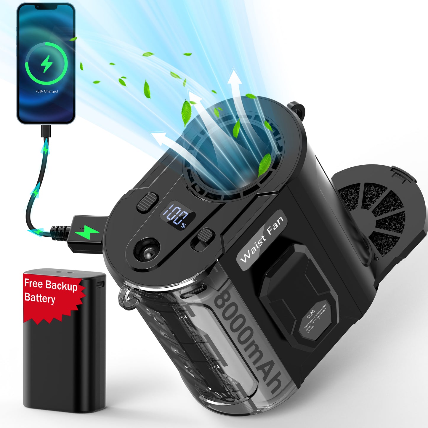 AI Portable Waist Fan With Spare Battery 5 Speeds Strong Airflow Belt Fan 26H Working Time Hands-Free Rechargeable Flashlight Personal Body For Outdoor Hiking Farms Camping