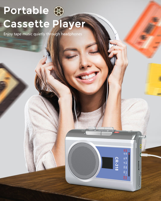 Jazmm Portable Cassette Recorder Player, AM/FM Compact Vintage Cassette Tape Player with Big Speaker & Earphone Jack, DC/AA Battery Powered
