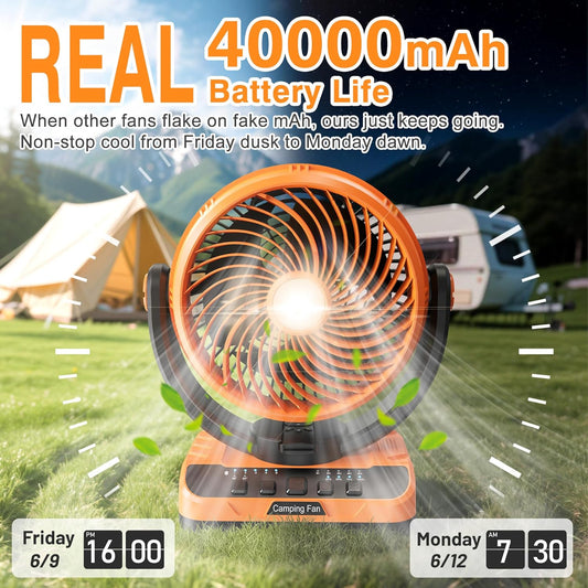 40000mAh Battery Powered Camping Fan - 135H Max Cooling, Rechargeable Battery Operated Oscillating Floor Fan with Charger, Remote & Hook, Portable for Tent Hurricane Power Outage Outdoor Patio