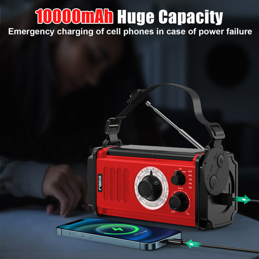 Jazmm 37000mWh Hand Crank Emergency Radio, Portable Solar AM/FM/NOAA Weather Radio with Rechargeable Battery Powered, USB Charger, SOS Alarm, Flashlight/Reading Lamp for Home Outdoor Survival(Red)