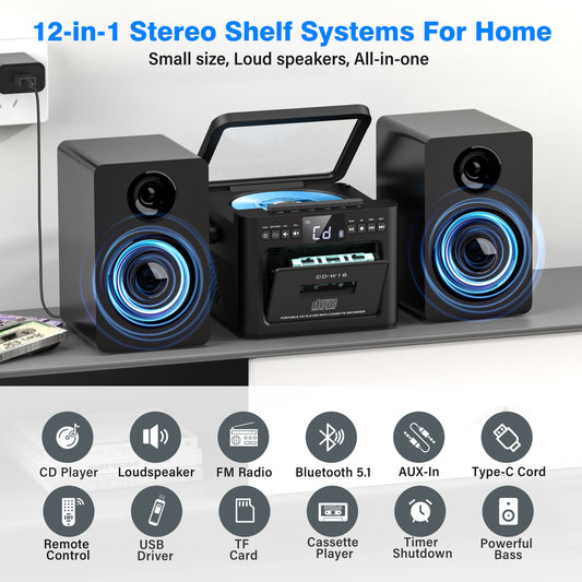 Jazmm Stereo System for Home with Boombox CD and Cassette Player Combo, 40W Home Stereo System with Bluetooth, FM Radio/USB/TF/AUX/Remote Control, Detachable Wooden Bookshelf Speakers