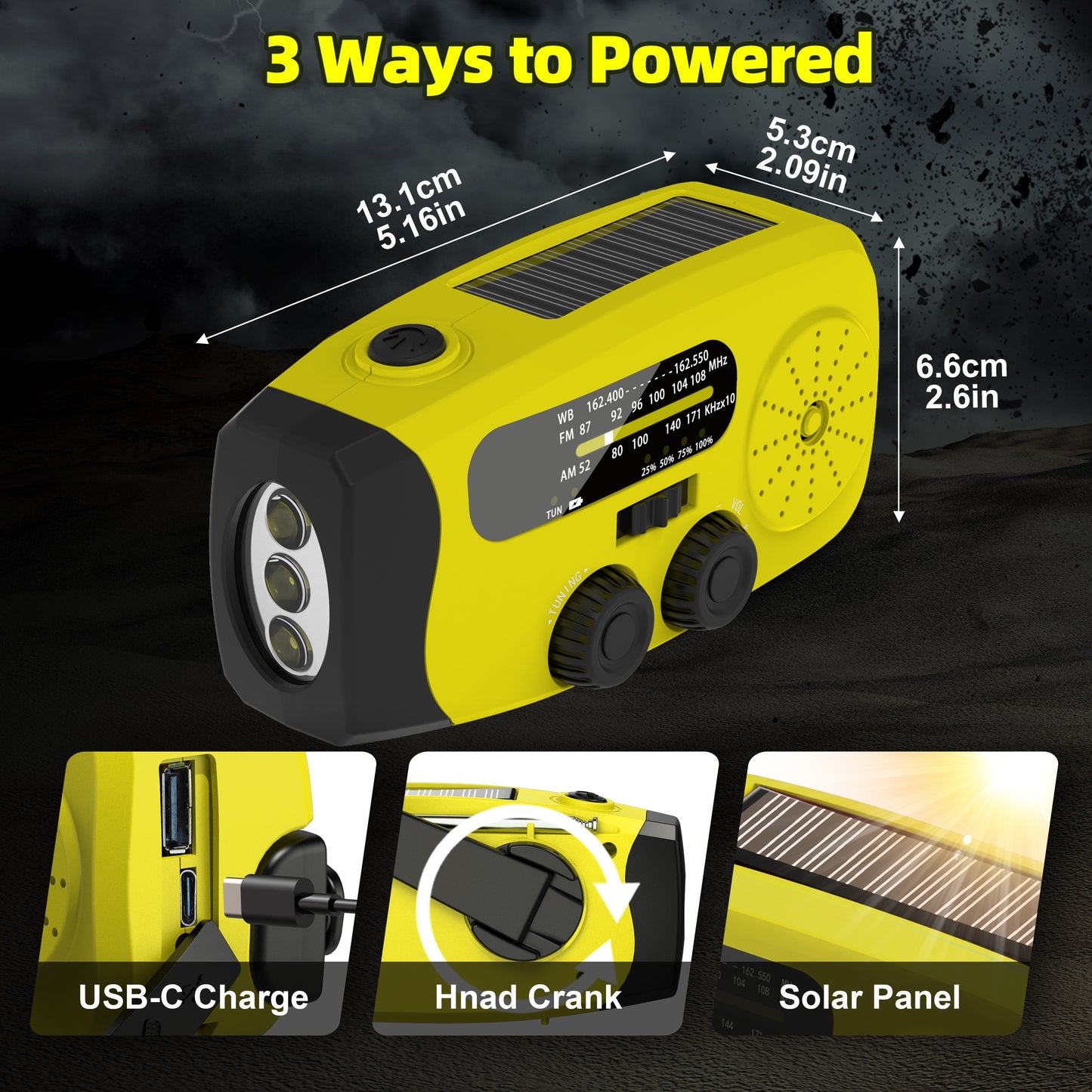 Jazmm Hand Crank Emergency Radio, 7400mWh NOAA/AM/FM Portable Radio, Solar Emergency Radio, Weather Alert, Flashlight for Emergency, Power Bank Cellphone Charger(Yellow)