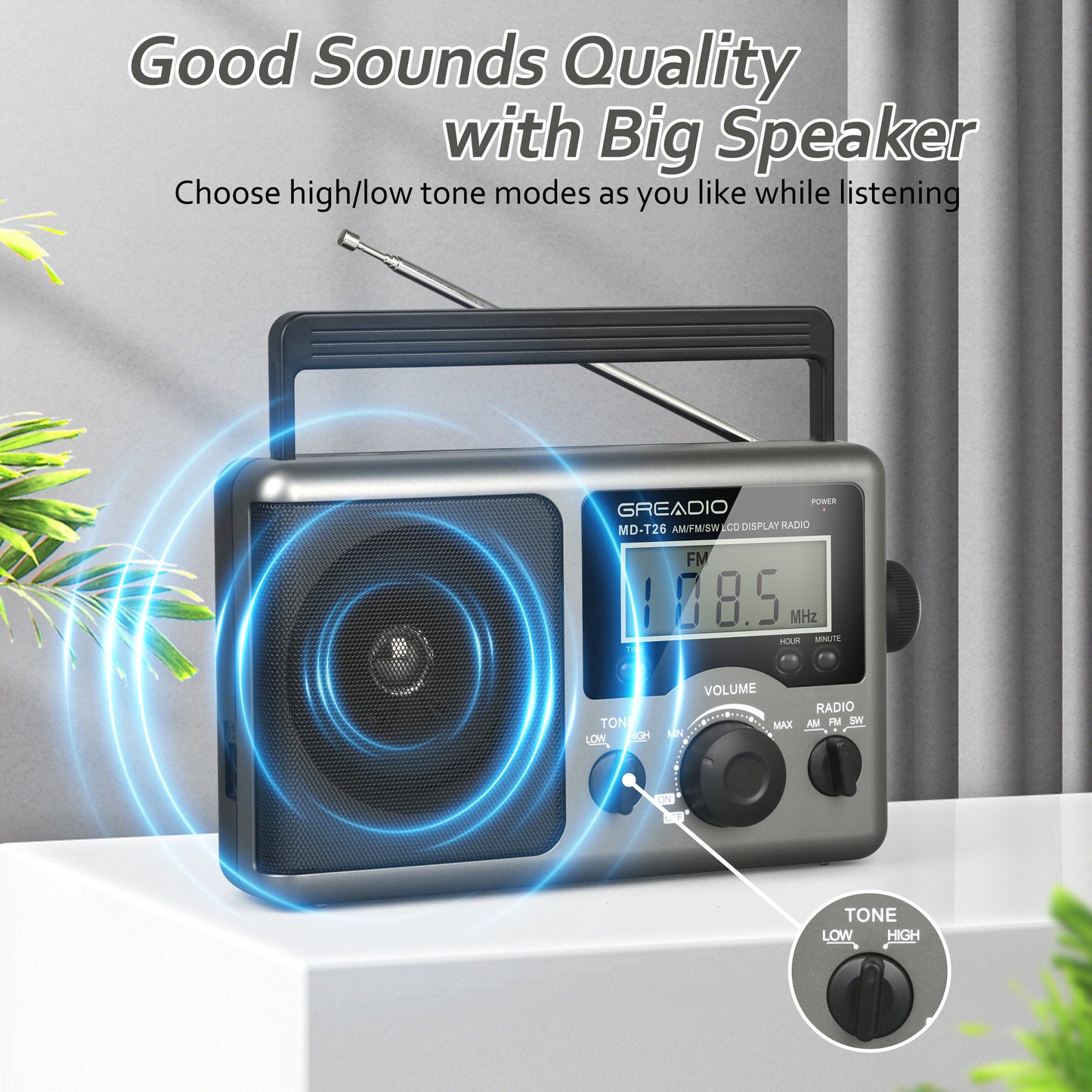 Jazmm AM FM Portable Radio Battery Operated Radio, AC/Battery Dual Power, small radio with and Big Speaker, Standard Earphone Jack, High/Low Tone Mode Large Knob for Home/Outdoor Use