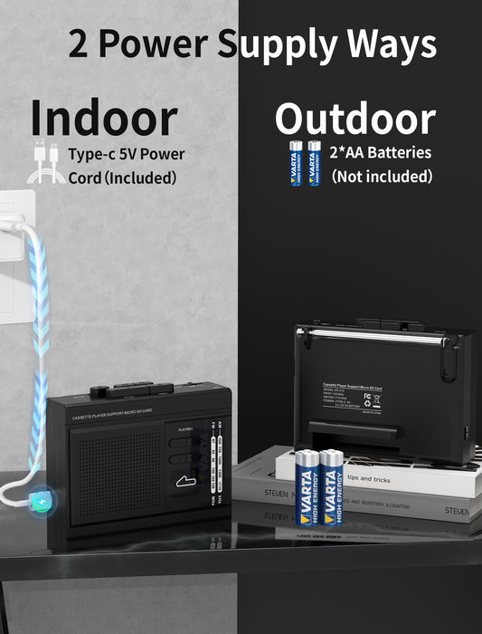 Cassette Player Recorder Converter with AM FM Radio,Cassette to MP3 via SD Card,Cassette Tape Player Support External Microphone with 3.5mm Headphone Jack Powered by Type-C or AA Battery