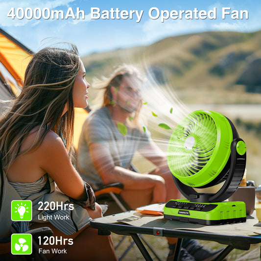 40000mAh Battery Powered Camping Fan - 135H Max Cooling, Rechargeable Battery Operated Oscillating Floor Fan with Charger, Remote & Hook, Portable for Tent Hurricane Power Outage Outdoor Patio