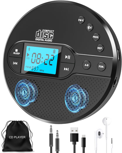 Jazmm Portable CD Player with Bluetooth 5.1, 2000mAh Rechargeable Anti-Shock Discman, MP3/CD-R/USB Playback, Backlit LCD, Sleep Timer, Includes Headphones & AUX Cable  for Car, Home