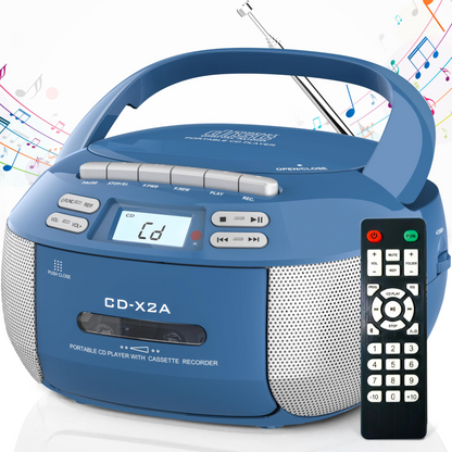 Jazmm CD Player Combo with Bluetooth, Boombox Cassette Portable CD Players, Support AM FM Radio/Remote Control/AUX/USB/Earphone, AC/Battery Operated, LCD Display for Home, Kids, Gift (Blue)
