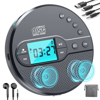 Jazmm CD Player Portable with Bluetooth 5.1, 2000mAh Rechargeable Discman, MP3/CD-R/USB Playback, Backlit LCD, Sleep Timer for Car, Home