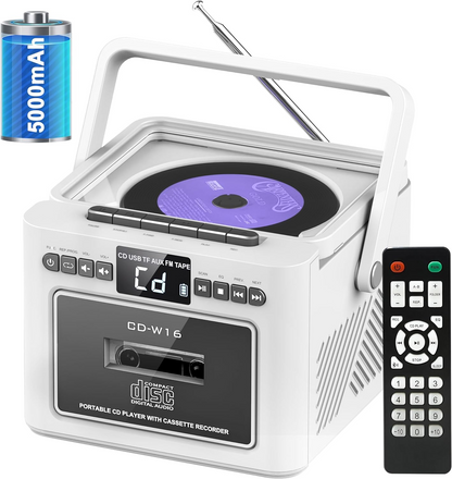 Jazmm Boombox CD Player, CD Cassette Player Combo with Bluetooth, Built-in 5000 Rechargeable Battery, 5w HiFi Speakers, FM Radio, Tape Recording, USB/AUX/Micro SD/3.5mm Headphone for Home