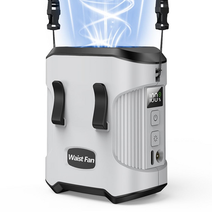 Jazmm Portable Waist Fan, Rechargeable Portable Wearable Fan with 3 Speeds Rechargeable Fan, LED Display, Flashlight & SOS Function, Up to 24H Battery Life for Outdoor Camping Travel