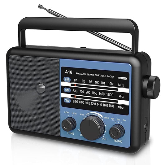 Jazmm Portable AM SW FM 3 Band Radio A16, AC/Battery Operated, Portable Shortwave Radio with Tuning Knob and Speaker, Blue