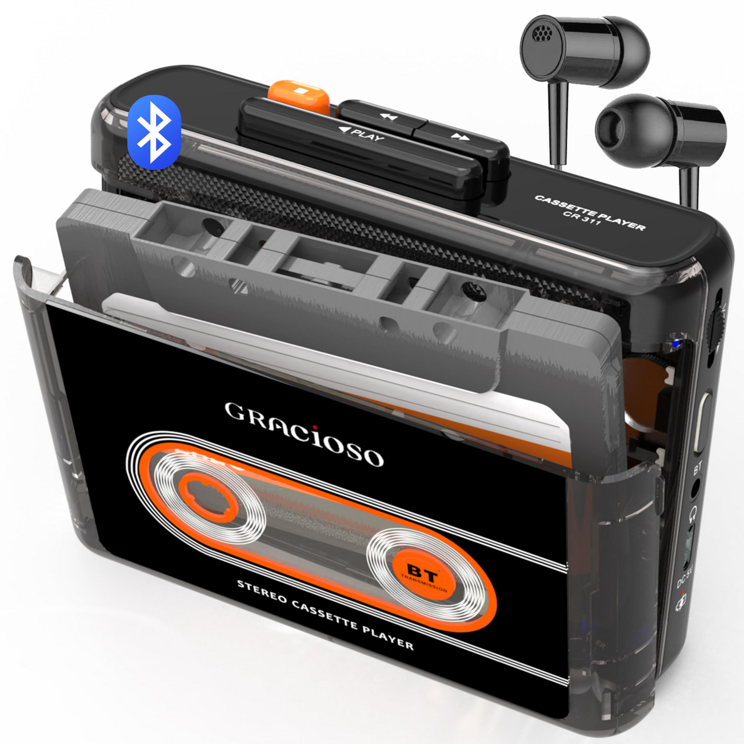 Jazmm Bluetooth Cassette Tape Player - 1100mAh Rechargeable Portable Walkman with Back Clip, 3.5mm Headphones for Home Outdoor Travel