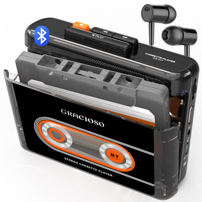 Jazmm Bluetooth Cassette Tape Player - 1100mAh Rechargeable Portable Walkman with Back Clip, 3.5mm Headphones for Home Outdoor Travel