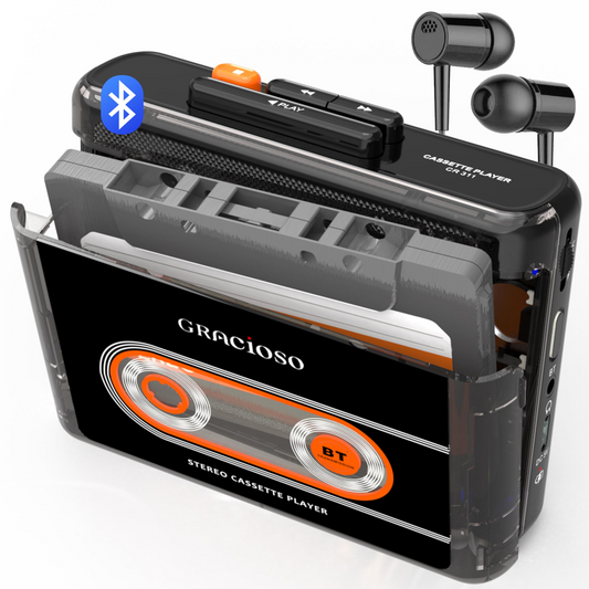Jazmm Bluetooth Cassette Tape Player - 1100mAh Rechargeable Portable Walkman with Back Clip, 3.5mm Headphones for Home Outdoor Travel