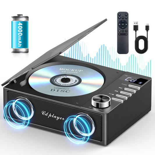 Jazmm CD Player with Bluetooth 5.3, 4000mAh Rechargeable CD Player with Remote Control, FM Radio, CD Player with Speakers for Home, CD Player for Car, Supports USB, TF, AUX, Optical Input
