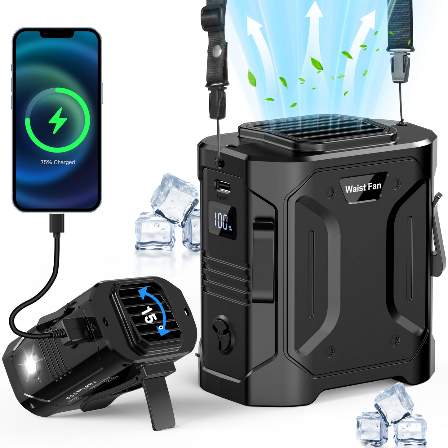 Jazmm 8000mAh Portable Waist Fan Clip with LED Display & SOS Flashlight, 5-Speed Hands-Free Cooling Fan, Adjustable 15° Tilt for Outdoor Labor/Camping, Type-C Fast Charging & 35H Runtime
