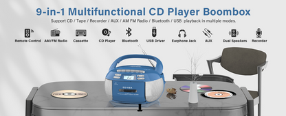 Jazmm CD Player Combo with Bluetooth, Boombox Cassette Portable CD Players, Support AM FM Radio/Remote Control/AUX/USB/Earphone, AC/Battery Operated, LCD Display for Home, Kids, Gift (Blue)
