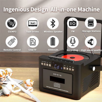 Jazmm Boombox CD Player, CD Cassette Player Combo with Bluetooth, Built-in 5000 Rechargeable Battery, 5w HiFi Speakers, FM Radio, Tape Recording, USB/AUX/Micro SD/3.5mm Headphone for Home