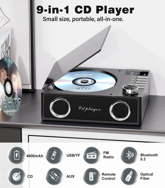 Jazmm CD Player with Bluetooth 5.3, 4000mAh Rechargeable CD Player with Remote Control, FM Radio, CD Player with Speakers for Home, CD Player for Car, Supports USB, TF, AUX, Optical Input
