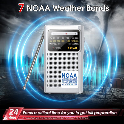 Portable NOAA Weather Radio, AM/FM Battery Operated Transistor Radio with 3.5mm Stereo Earphone Jack, Best Reception, Powered by 2 AA Batteries for Emergency, Outdoor & Home Use (Silver)