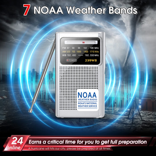 Portable NOAA Weather Radio, AM/FM Battery Operated Transistor Radio with 3.5mm Stereo Earphone Jack, Best Reception, Powered by 2 AA Batteries for Emergency, Outdoor & Home Use (Silver)
