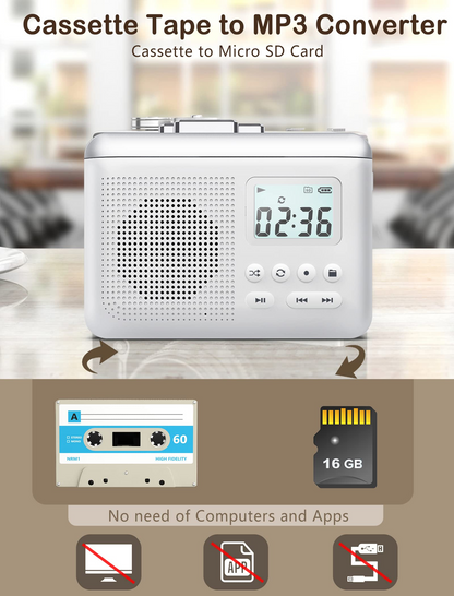 Portable Cassette Player Recorder Converter,Cassette to MP3 via SD Card,Tape Player with 1000mah Rechargeable Battery,Built-in Microphone&Speaker,Headphone Jack,16GB SD Card