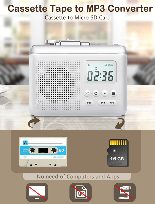 Portable Cassette Player Recorder Converter,Cassette to MP3 via SD Card,Tape Player with 1000mah Rechargeable Battery,Built-in Microphone&Speaker,Headphone Jack,16GB SD Card