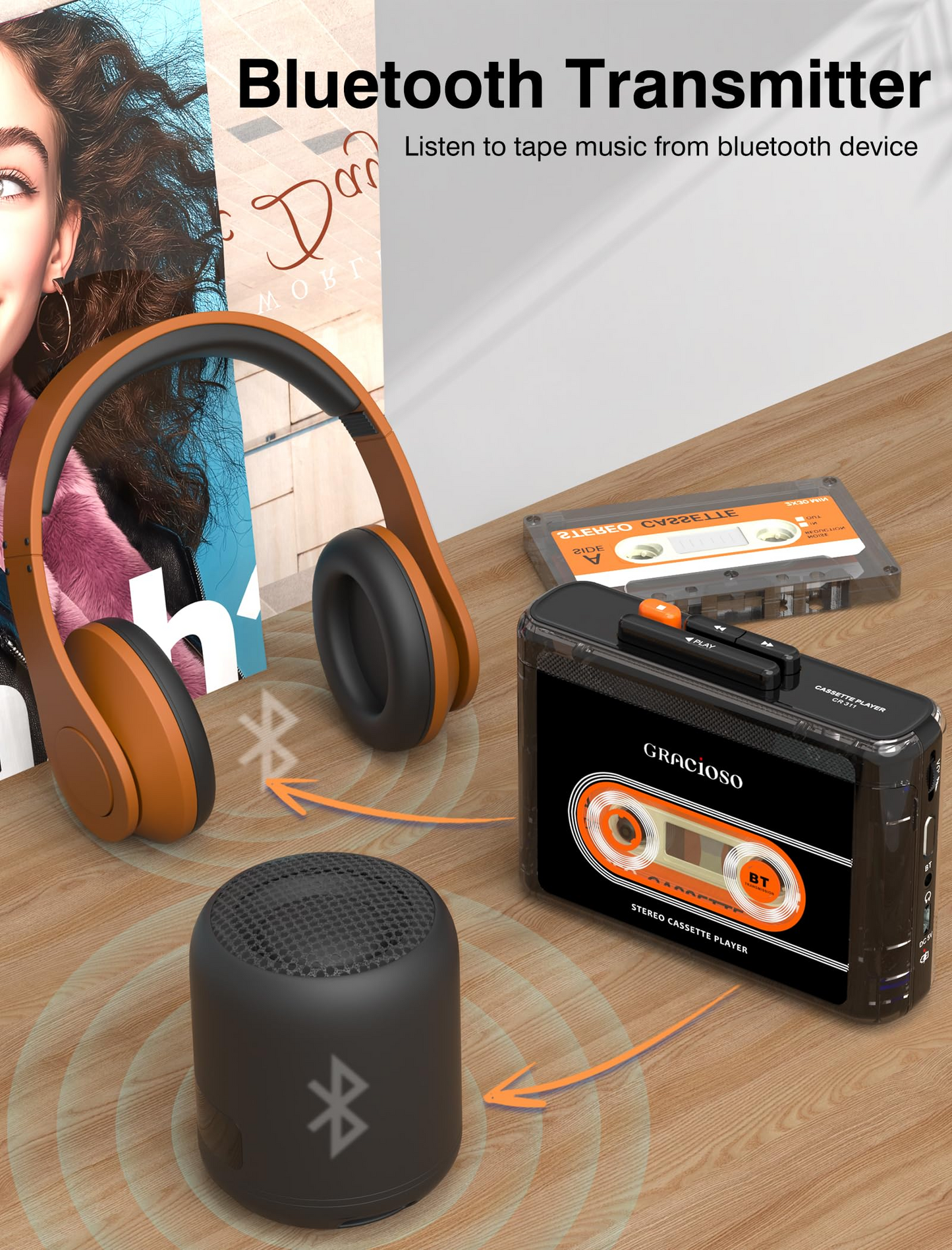 Jazmm Bluetooth Cassette Tape Player - 1100mAh Rechargeable Portable Walkman with Back Clip, 3.5mm Headphones for Home Outdoor Travel