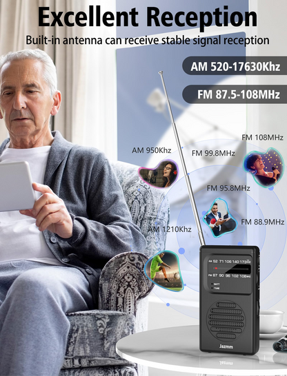Jazmm Portable AM FM Radio, Battery Operated with 3W Speaker, Flashlight & Earphone Jack, Ideal Gift for All