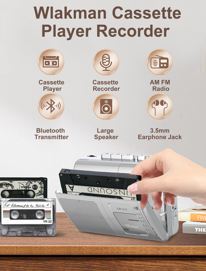 Cassette Player Recorder with Bluetooth Transmitter Walkman, Portable AM FM Cassette Player with Big Speaker, Stereo Earphone Jack, Support Microphone Recording, 2AA Battery or USB Power for Home