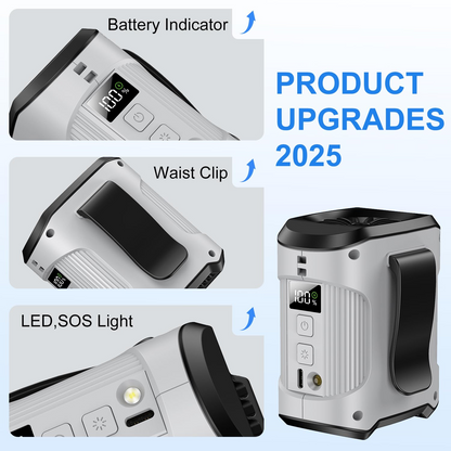 Jazmm Portable Waist Fan, Rechargeable Portable Wearable Fan with 3 Speeds Rechargeable Fan, LED Display, Flashlight & SOS Function, Up to 24H Battery Life for Outdoor Camping Travel