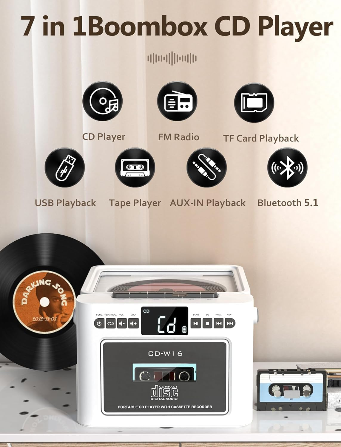 Jazmm Boombox CD Player, CD Cassette Player Combo with Bluetooth, Built-in 5000 Rechargeable Battery, 5w HiFi Speakers, FM Radio, Tape Recording, USB/AUX/Micro SD/3.5mm Headphone for Home