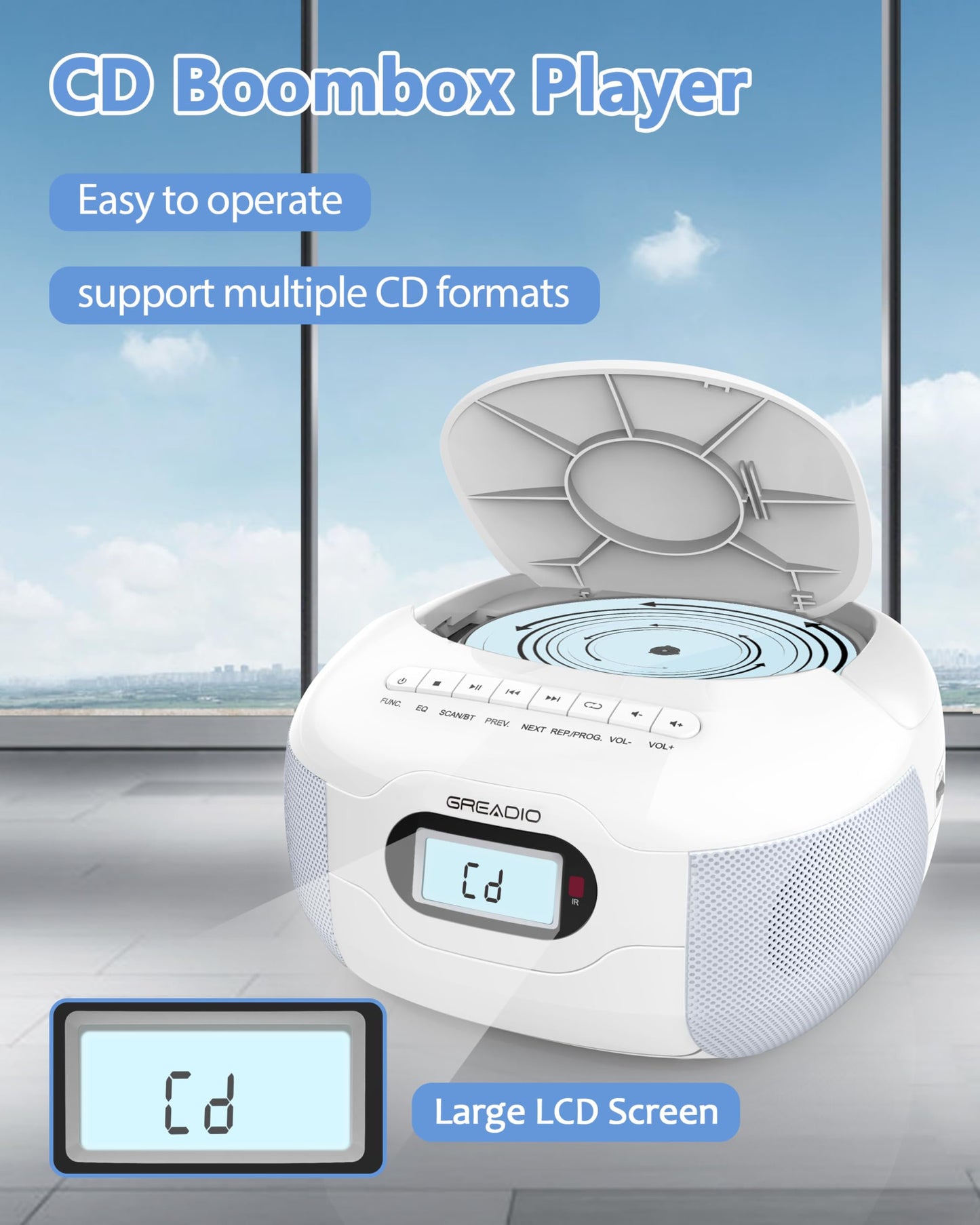 Boombox CD Player, Portable FM Radio CD Player with Bluetooth 5.1, LCD Display, AC Cord/Dry Battery Operation, TF/USB/AUX Port, Headphone Jack, CD-R/CD-RW Compatible for Home,Senior,Kids