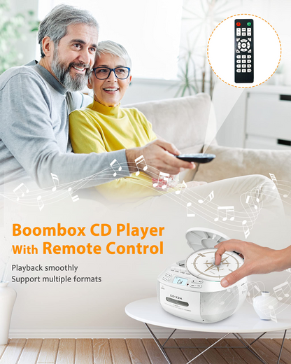 Jazmm CD Player Combo with Bluetooth, Boombox Cassette Portable CD Players, Support AM FM Radio/Remote Control/AUX/USB/Earphone, AC/Battery Operated, LCD Display for Home, Kids, Gift (White)