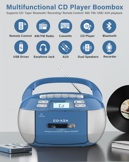 Jazmm CD Player Combo with Bluetooth, Boombox Cassette Portable CD Players, Support AM FM Radio/Remote Control/AUX/USB/Earphone, AC/Battery Operated, LCD Display for Home, Kids, Gift (Blue)