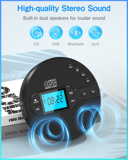 Jazmm Portable CD Player with Bluetooth 5.1, 2000mAh Rechargeable Anti-Shock Discman, MP3/CD-R/USB Playback, Backlit LCD, Sleep Timer, Includes Headphones & AUX Cable  for Car, Home