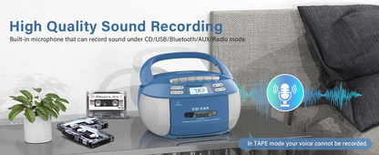 Jazmm CD Player Combo with Bluetooth, Boombox Cassette Portable CD Players, Support AM FM Radio/Remote Control/AUX/USB/Earphone, AC/Battery Operated, LCD Display for Home, Kids, Gift (Blue)