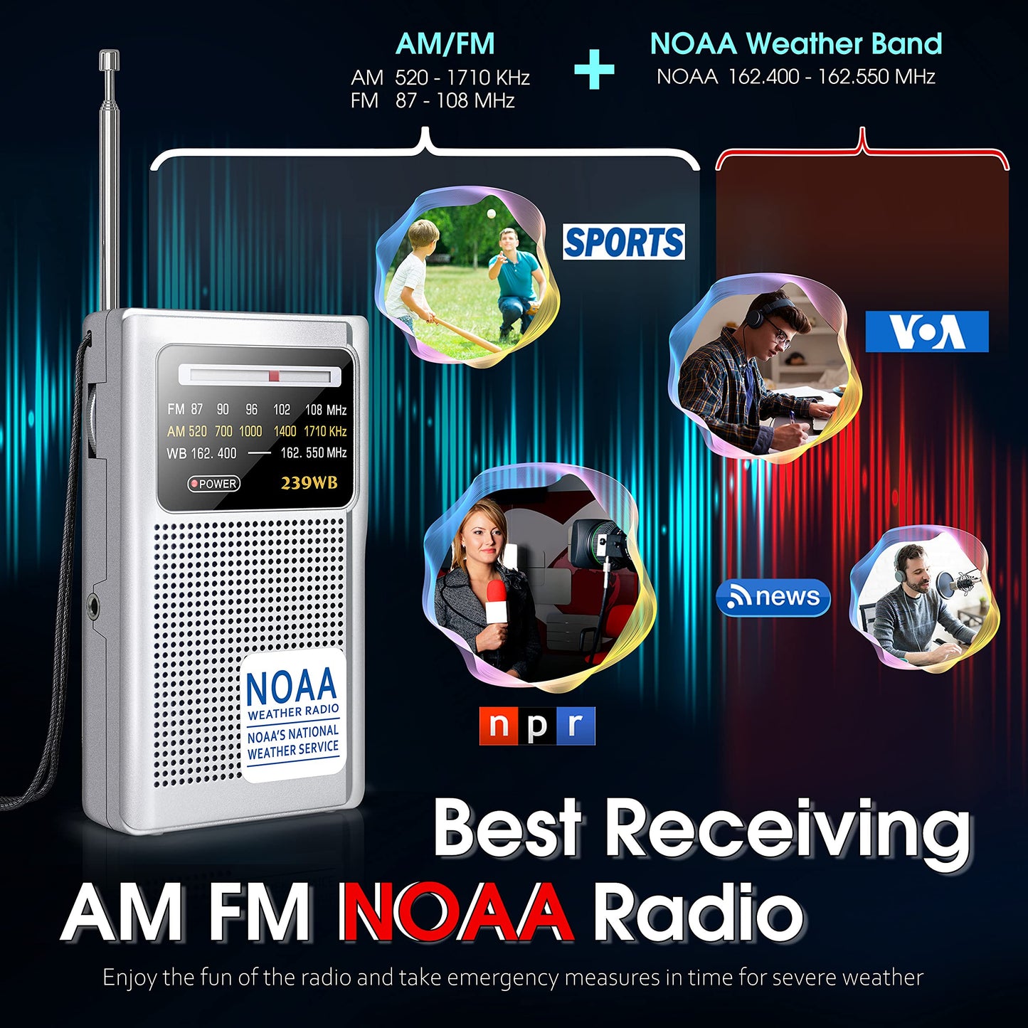 Portable NOAA Weather Radio, AM/FM Battery Operated Transistor Radio with 3.5mm Stereo Earphone Jack, Best Reception, Powered by 2 AA Batteries for Emergency, Outdoor & Home Use (Silver)