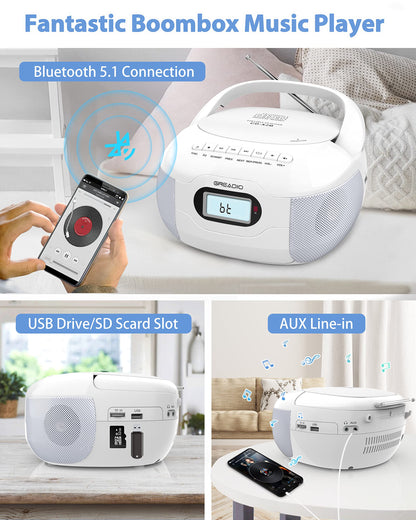 Boombox CD Player, Portable FM Radio CD Player with Bluetooth 5.1, LCD Display, AC Cord/Dry Battery Operation, TF/USB/AUX Port, Headphone Jack, CD-R/CD-RW Compatible for Home,Senior,Kids