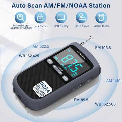 Jazmm AM/FM Rechargeable Portable Transistor Radio with NOAA Weather Alert, LCD Display, Earphone Jack, Digital Clock, for Emergency, Hurricane, Outdoor Activities