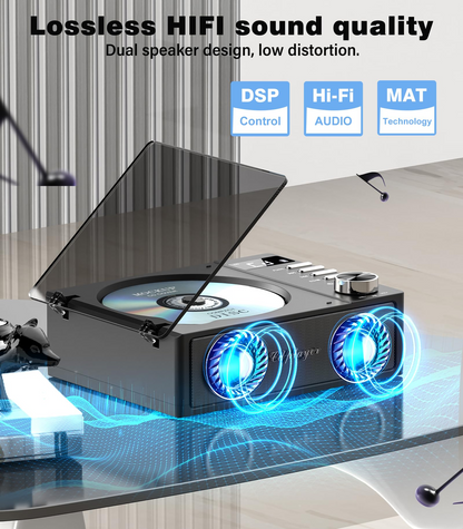 Jazmm CD Player with Bluetooth 5.3, 4000mAh Rechargeable CD Player with Remote Control, FM Radio, CD Player with Speakers for Home, CD Player for Car, Supports USB, TF, AUX, Optical Input