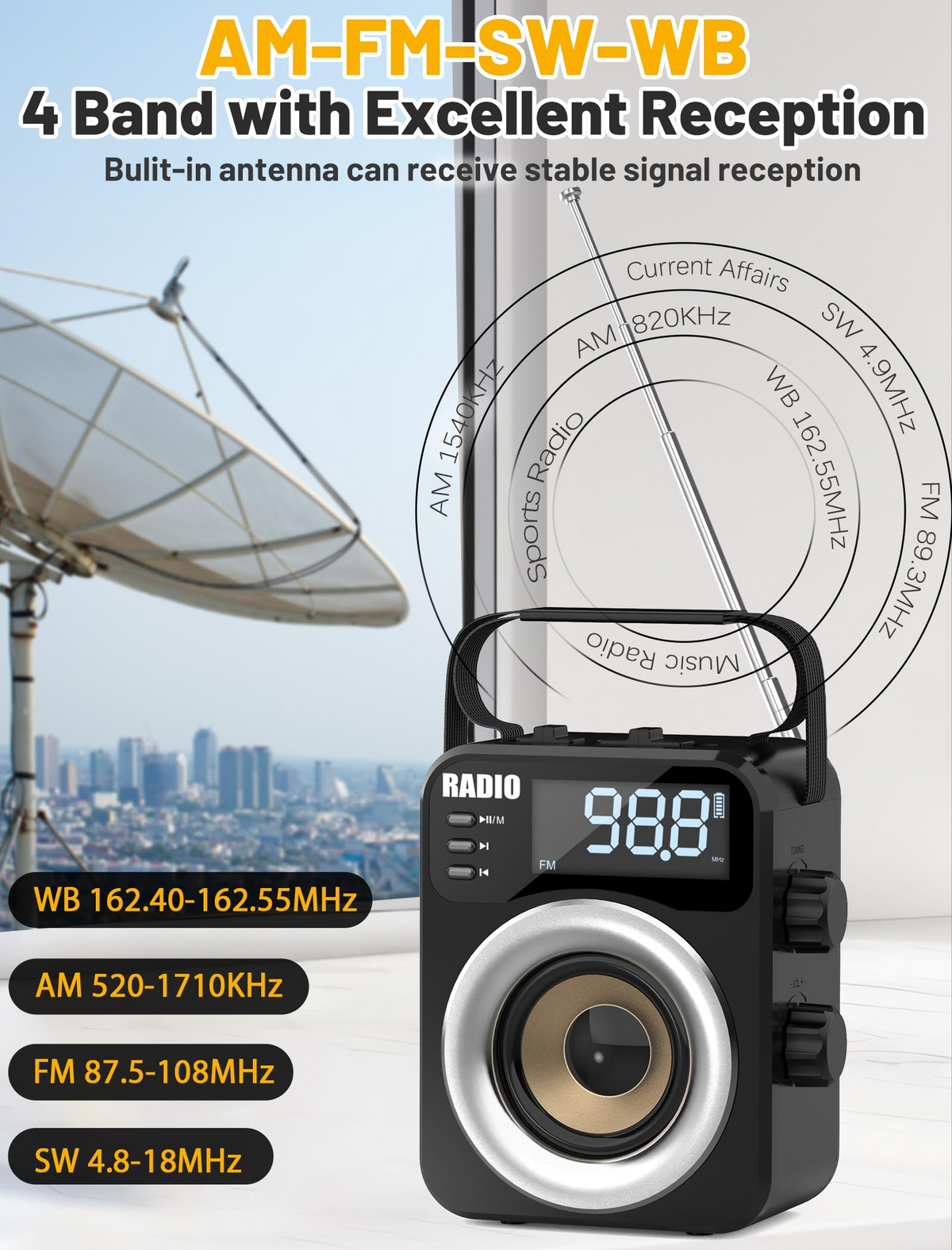 New 2026 Portable Radio AM FM WB SW with NOAA Alert, Bluetooth 5.4 Digital Radio, 4000mAh Rechargeable Battery/DC D*3 Cell Battery Operated, 10W Speaker, USB/TF Playback, LCD Display, Black