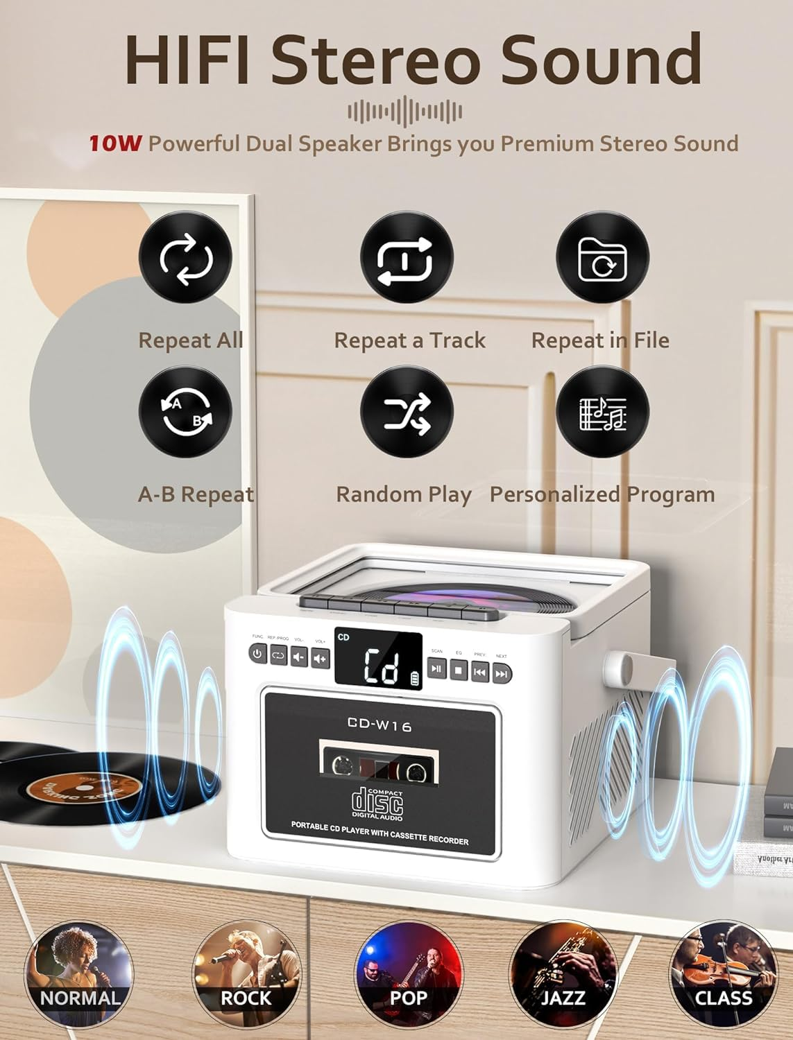 Jazmm Boombox CD Player, CD Cassette Player Combo with Bluetooth, Built-in 5000 Rechargeable Battery, 5w HiFi Speakers, FM Radio, Tape Recording, USB/AUX/Micro SD/3.5mm Headphone for Home