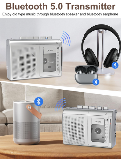 Cassette Player Recorder with Bluetooth Transmitter Walkman, Portable AM FM Cassette Player with Big Speaker, Stereo Earphone Jack, Support Microphone Recording, 2AA Battery or USB Power for Home